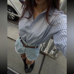 H&M blue & white plaid button up oversized shirt